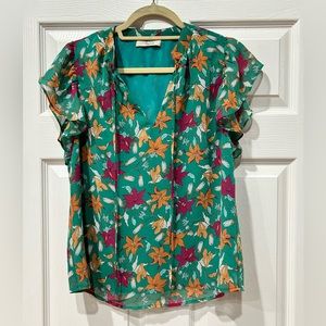 Anthropology floral ruffle short sleeve blouse Size S New